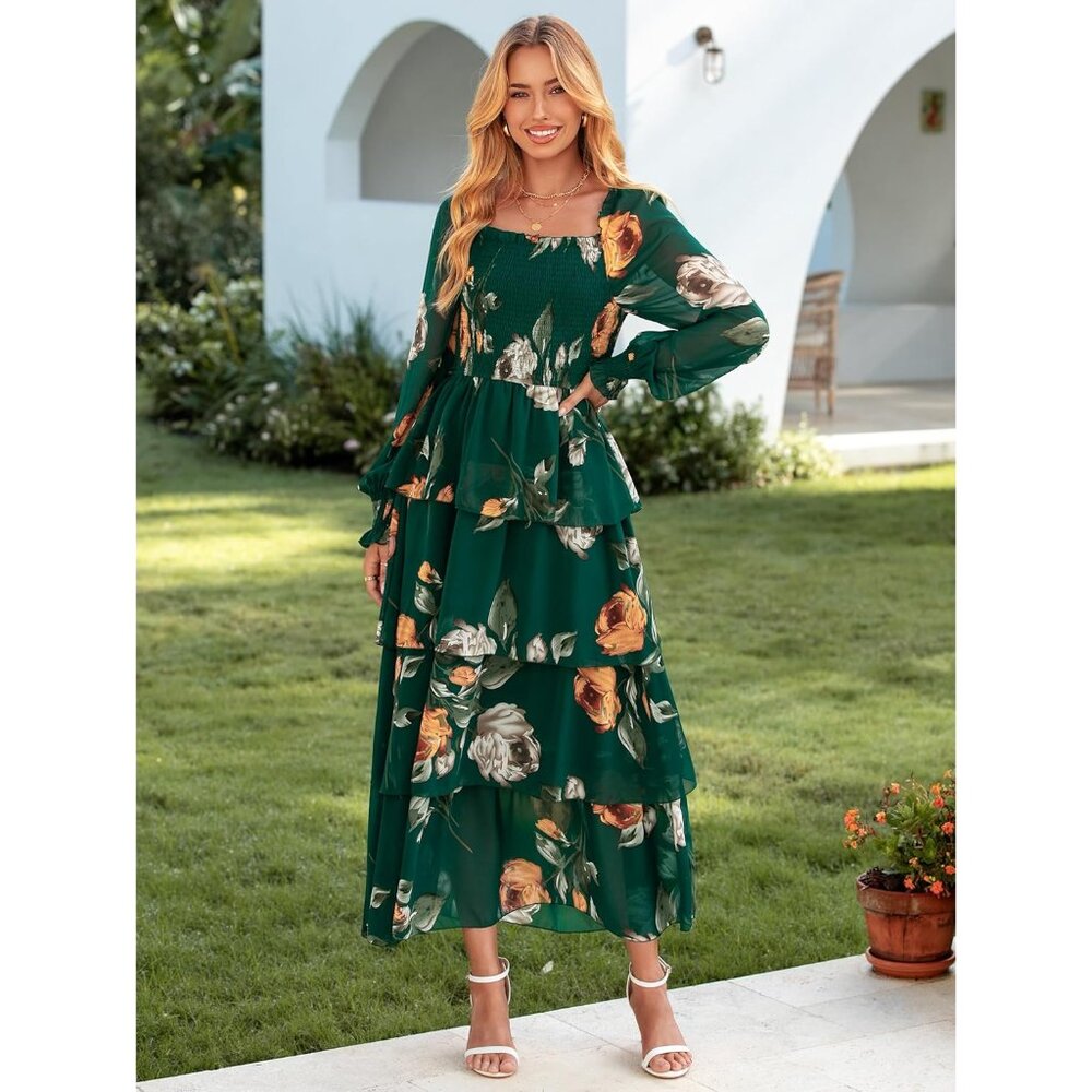 Women's Floral Long Sleeve Maxi Dress Smocked Tiered Square Neck Fall Boho - Picture 3 of 6
